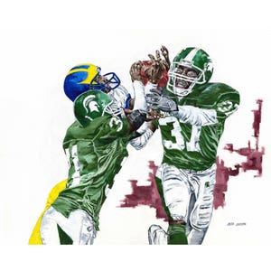 Michigan State University, print &quot;Spartan Corner Backs&quot; Offered as a Canvas Wrap or Paper Print Published from oil painting