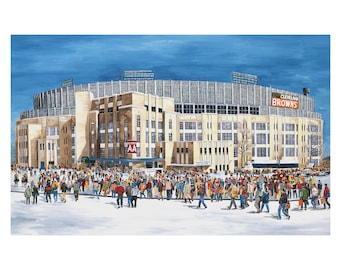 Cleveland LakeFront Municipal Stadium, oil painting print.  Home of the Cleveland Browns and Cleveland Indians.  Cleveland art print