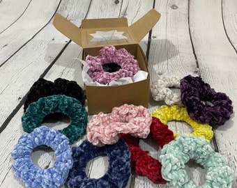 Crocheted Velvet Scrunchies 3-Pack, Handmade Hair Accessories Gift Box