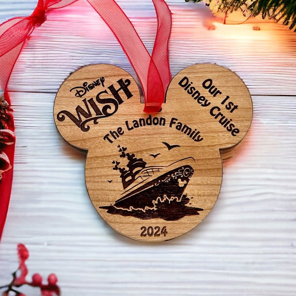 Disney Cruise Ornament - Personalized Disney Wish Cruise Wooden Ornament - Custom Family Name and Year Engraved Keepsake