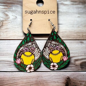 Softball earrings - Softball and Mitt Teardrop Wooden Earrings - Handpainted Sports Jewelry - Artisan Crafted Softball Gear Earrings