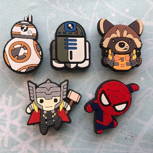 star wars shoe charm guardians of galaxy shoe charm bb8 shoe charm r2d2 shoe charm rocket shoe charm thor shoe charm spiderman shoe charm