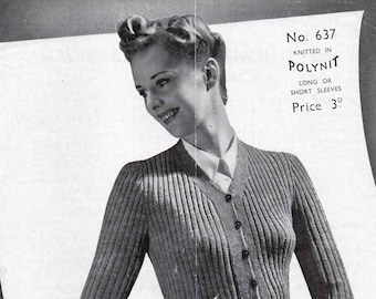 1940's Golden Eagle 637 PDF Knitting Pattern - Vintage Cardigan - Simple Cardigan Pattern - Bust 34" - 36"