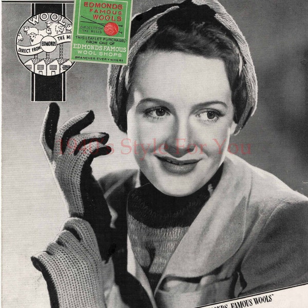 Patrón de tejido PDF Bestway 555 de 1940 para un turbante en tiempos de guerra - bufanda - guantes - calcetines tobilleros - como lo usa Phyllis Calvert