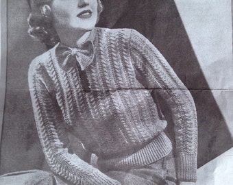 1930's - 1940's My Weekly No 2 PDF Knitting Pattern - Vintage Cable Jumper - Beautiful Bow Sweater - Bust 32" - 34"