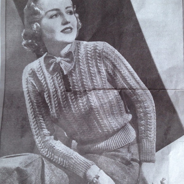 1930's - 1940's My Weekly No 2 PDF Knitting Pattern - Vintage Cable Jumper - Beautiful Bow Sweater - Bust 32" - 34"