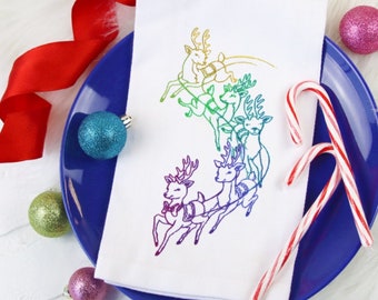Rainbow Reindeer embroidered floursack teatowel / dishtowel