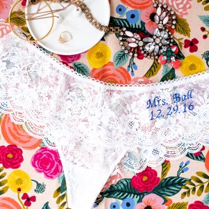 Floral lace bridal lingerie , personalized embroidered . Lace hipster thong image 3