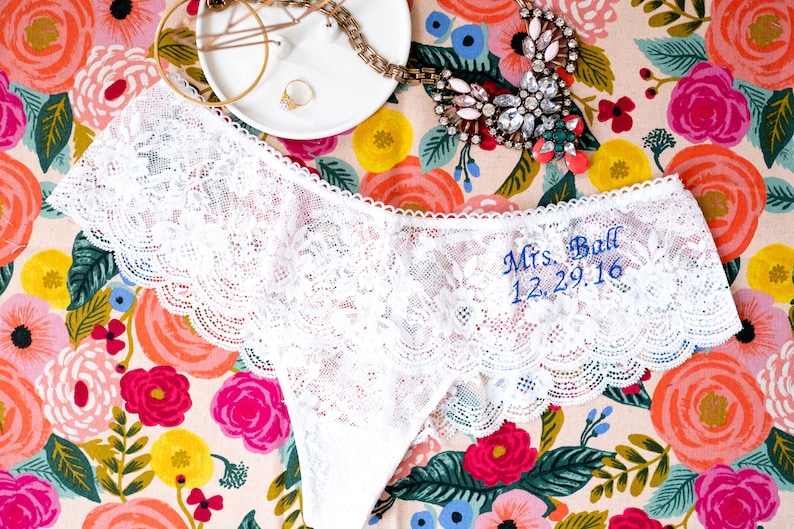 Floral lace bridal lingerie , personalized embroidered . Lace hipster thong image 3