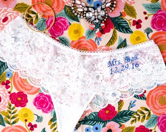 Floral lace bridal lingerie , personalized embroidered . Lace hipster thong