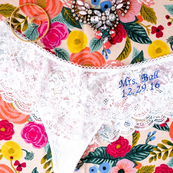 Floral lace bridal lingerie , personalized embroidered . Lace hipster thong