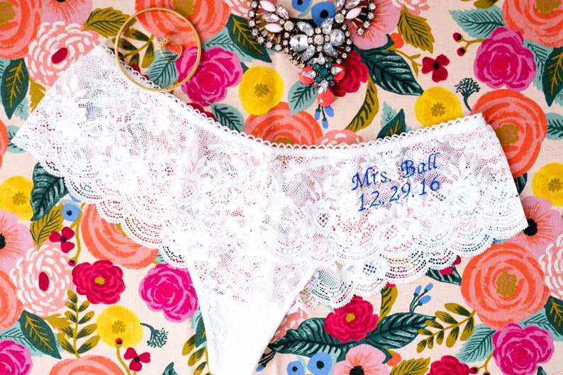 Floral lace bridal lingerie , personalized embroidered . Lace hipster thong image 1