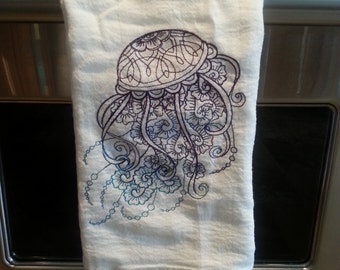 Jellyfish Embroidered Flour Sack Hand/Dish Towel