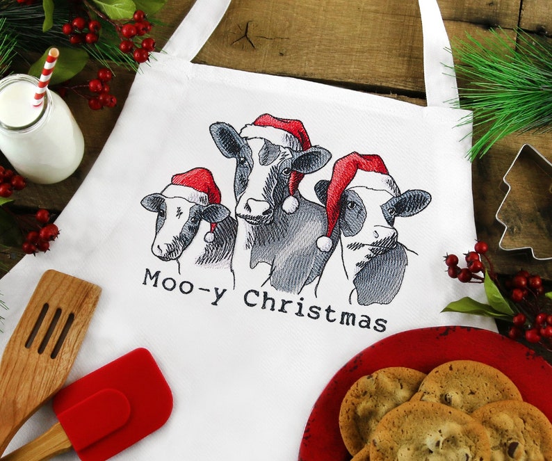 Christmas Cow embroidered doble pocket apron