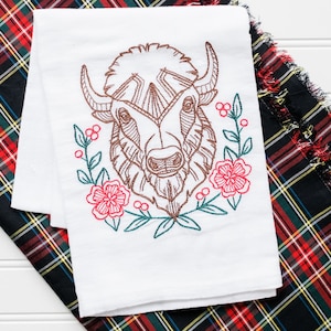 Beautiful Bison embroidered floursack teatowel/dish towel