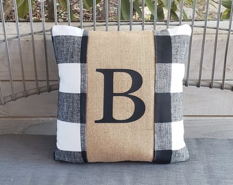 Buffalo Check Plaid Ballard inspired outdoor cushion Modern decor gift Farmhouse throw pillow Letter black white personalized porch custom