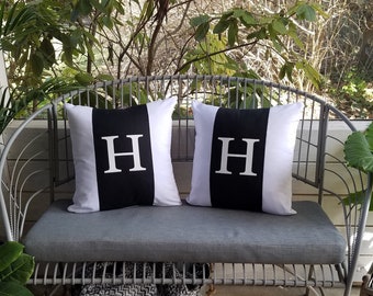 Black White Ballard inspired pillows outdoor modern contemporary porch custom gift pillow covers entryway bench Letter Initial Throw rocker