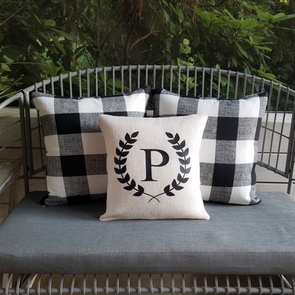 Black White Spring Porch Outdoor Pillows Birch inspo Farmhouse Style decor Burlap vibrant Wreath Vine leaves Letter home gift plaid sham