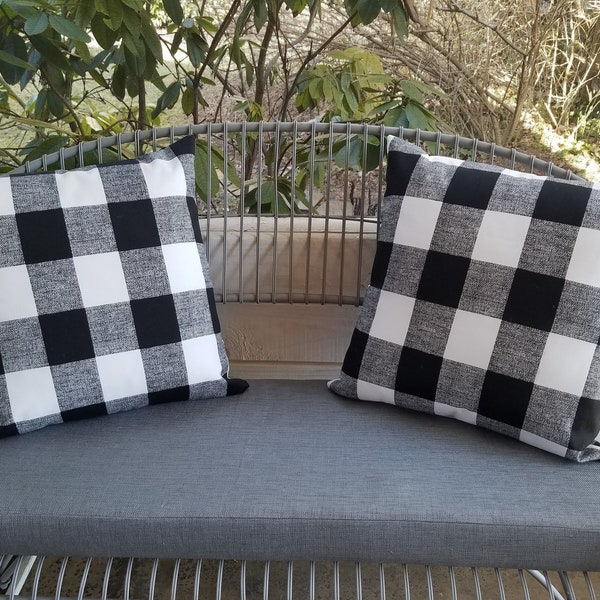 Modern Farmhouse style Buffalo Checked plaid porch redo Decor Outdoor pillow Gingham check Black and White Front porch rockers entryway red