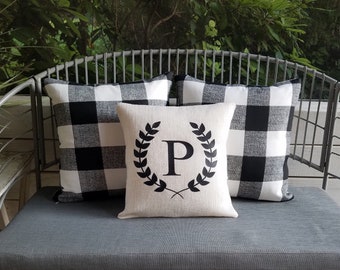 Black White Spring Porch Outdoor Pillows Birch inspo Farmhouse Style decor Burlap vibrant Wreath Vine leaves Letter home gift plaid sham