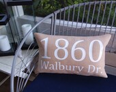 Farmhouse decor style burlap outdoor address porch pillow front door entryway bench Welcome Home personalized name letter rustic style