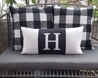 Outdoor porch Pillows Modern Farmhouse Style monogrammed Letter Initial ballard inspired bench entryway letter redo gift black white gift