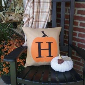 Burlap Pumpkin Initial Pillow: Fall Farmhouse Decor