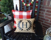 Farmhouse style Christmas holiday wreath vine Front Porch Outdoor pillows buffalo check rustic decor name custom letter burlap entryway