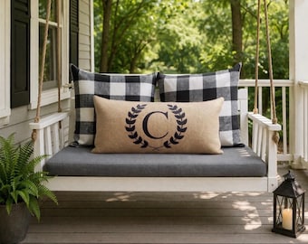 Outdoor Porch Pillow farmhouse monogrammed Vintage neutral black white Decor letter
