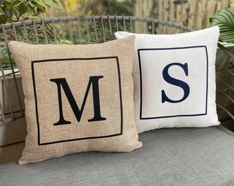 Outdoor pillows modern decor spring neutral porch throw monogram Letter Initial Black White Ballard inspired patio curb appeal pottery inspo