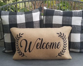 Welcome wreath entryway throw pillow bench porch decor modern Farmhouse style New home gift house Burlap front bench rockers chair custom