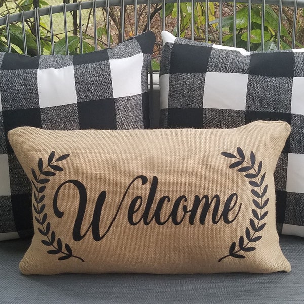 Welcome wreath entryway throw pillow bench porch decor modern Farmhouse style New home gift house Burlap front bench rockers chair custom