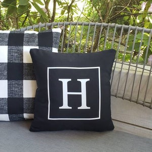 Outdoor modern decor spring neutral porch throw Pillow monogram Letter Initial Black White Ballard inspired patio curb appeal pottery inspo