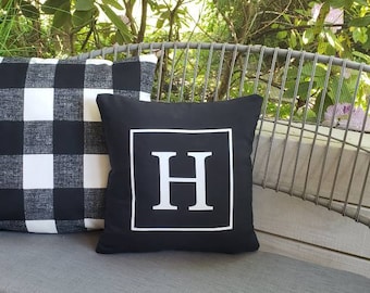 Outdoor modern decor spring neutral porch throw Pillow monogram Letter Initial Black White Ballard inspired patio curb appeal pottery inspo