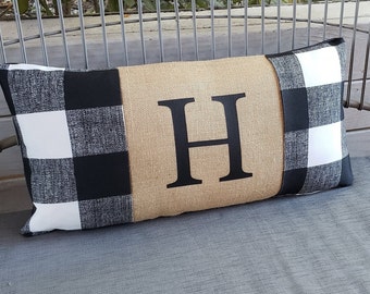 Modern Farmhouse Style Pillow Buffalo Check Plaid Mother's Day gift Letter Initial personalized gingham outdoor porch black ballard inspired