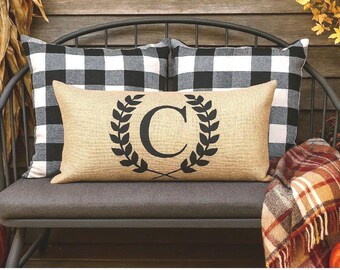 Outdoor Porch Pillow Farmhouse Monogrammed Vintage Neutral Black