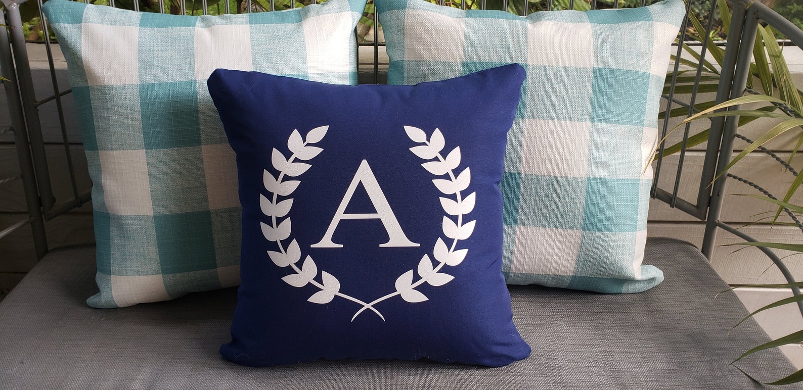 Outdoor Modern Porch Pillows Custom Monogrammed Wreath Letter Etsy