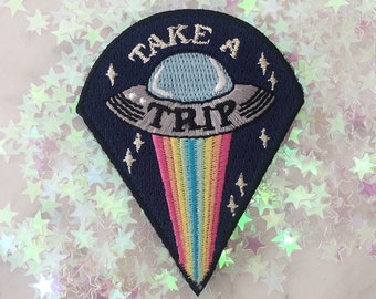 Take a Trip UFO Patch - Iron On Embroidered Patches - Space Patch - Alien, Trippy - Wildflower + Co.