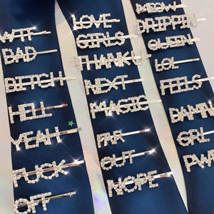 Crystal Word Bobby Pin Hair Accessory Barrette LOVE GRL PWR Bad Bitch Hell Yeah Magic Bride Sparkly Rhinestone Valentines Day Gift image 1