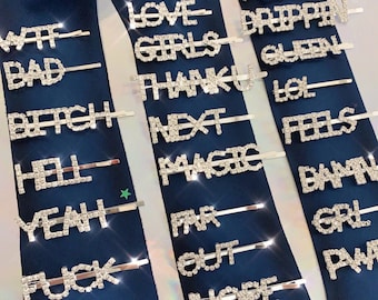 Crystal Word Bobby Pin - Hair Accessory - Barrette - LOVE GRL PWR Bad Bitch Hell Yeah Magic Bride - Sparkly Rhinestone Valentines Day Gift