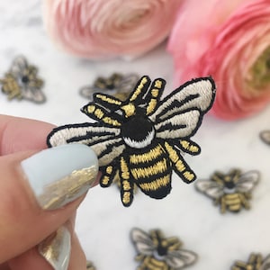 Tiny Bee Patch Iron On Embroidered Patches Metallic Gold image 1