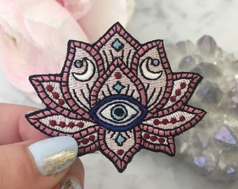 Lotus - Evil Eye Patch - Iron On Embroidered Patches - Mystical - Bohemian - Festival - Free Spirit - Blush Pink