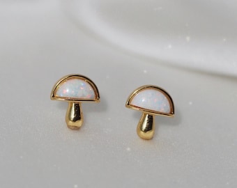 Opal Mushroom Earrings - Opal & Gold Earrings - Dainty Earrings - Mushrooms Mushroom Jewelry - Boho Cottagecore Earrings - Wildflower + Co.