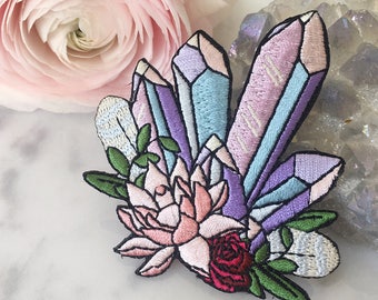 Crystal Patch - Iron On Embroidered Patch - Pastel Aura Crystals & Pink Lotus