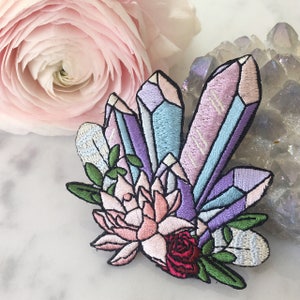 Crystal Patch - Iron On Embroidered Patch - Pastel Aura Crystals & Pink Lotus