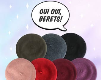 Wool Beret Hat – Slouchy Beret- 90s / French Style – Your Choice of Color: Blush Pink, Red, Lilac, Wine, Forest Green, Blue, & Black