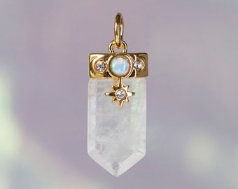 Celestial Crystal Charm - Clear Crystal - Gold Jewelry - Pendant, Pave Crystal, & Gold - Tiny! Moon + Stars Gift  - Wildflower + Co. Jewelry