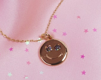 Smiley Gem Necklace - Cute Jewelry - Charm Necklace - Kidcore Aestghetic - Dainty Gold Charm - Fun Gift - Smiley Face - Wildflower + Co.