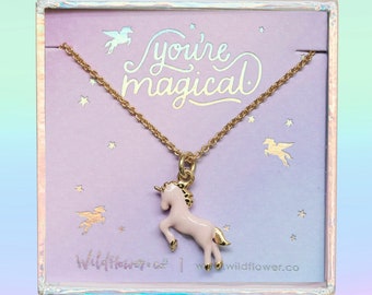 Unicorn Necklace | Pastel Pink & Gold | Personalized Jewelry | Charm Jewelry Gift | Wildflower + Co. Valentines Day Gift