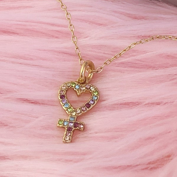 Venus Necklace - Dainty Gold & Pastel Pave Crystal - Cute Heart Venus Symbol - Charm Jewelry for Feminist Girl Power Valentines Day Gift
